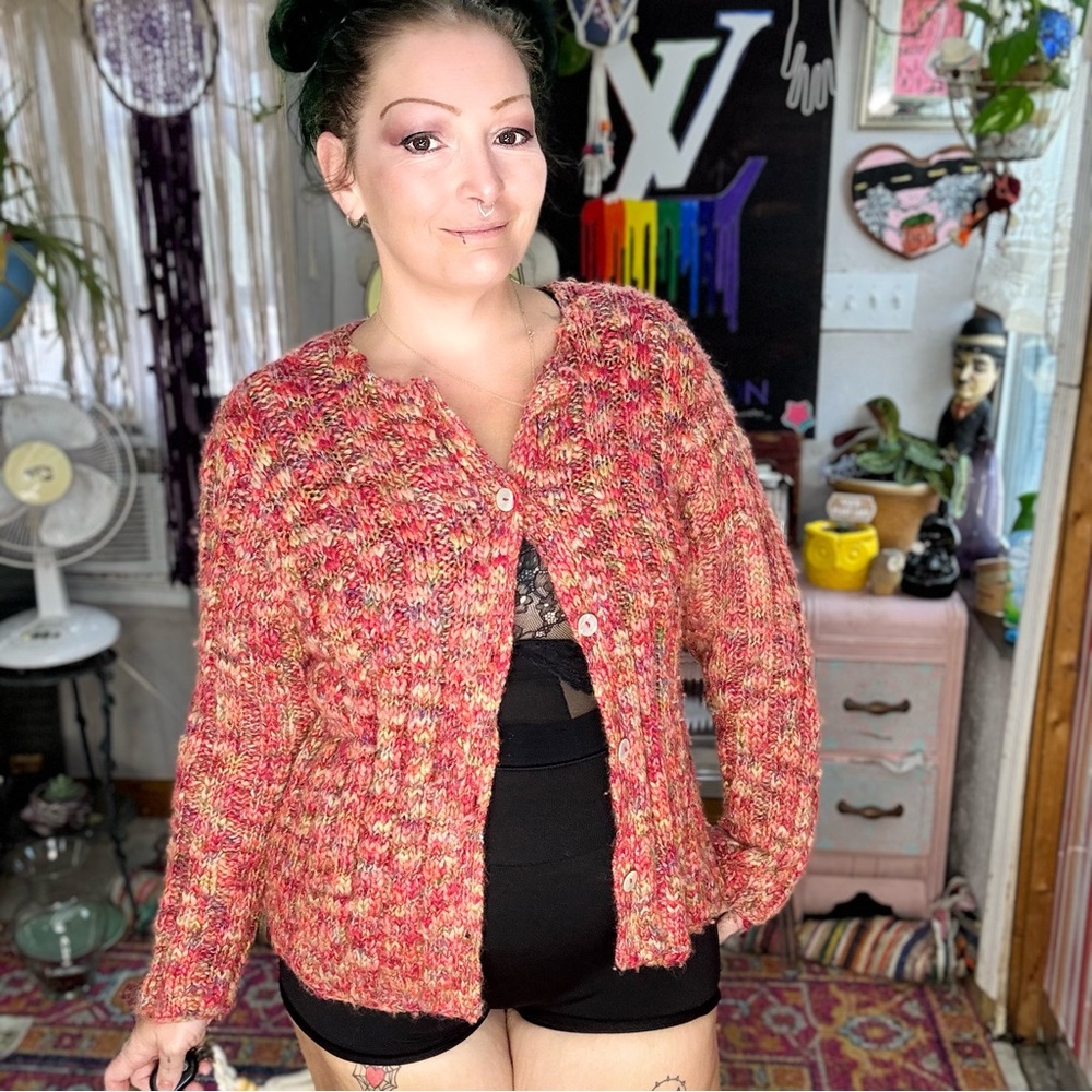 Y2K Sigrid Olsen Multicolor Red-Pink Chunky Knit Cardigan Size Medium